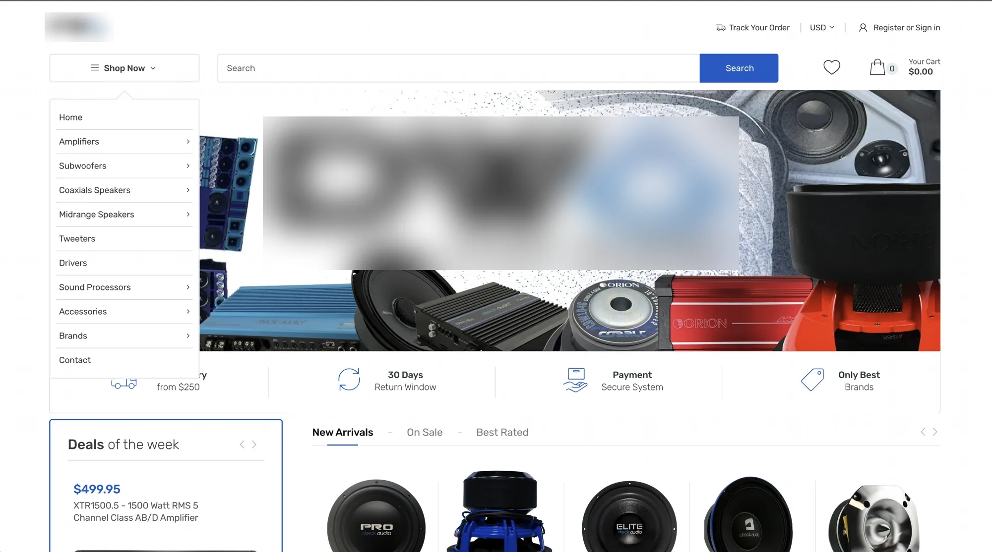 Example e-commerce storefront with category navigation, search and new arrivals (client name hidden)